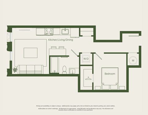 Floor plan for 1 bed, 1 bath