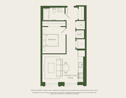 Floor plan for 1 bed, 1 bath, 591 sqft