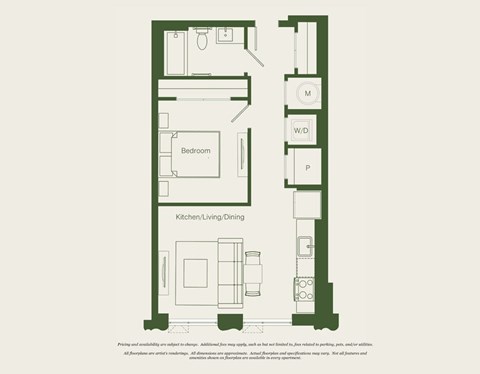 Floor plan for 1 bed, 1 bath