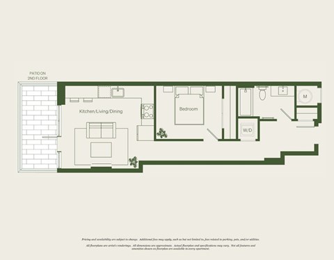 Floor plan for 1 bed, 1 bath, 611 sqft