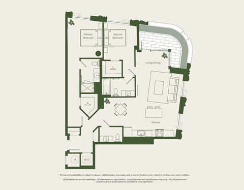 Floor plan for 2 beds, 2.5 baths, 1192 sqft