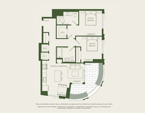 Floor plan for 2 beds, 2 baths, 955 sqft