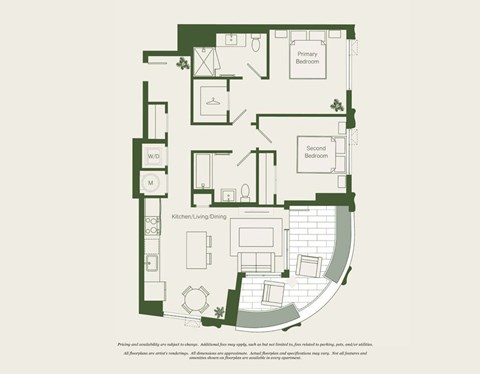 Floor plan for 2 beds, 2 baths