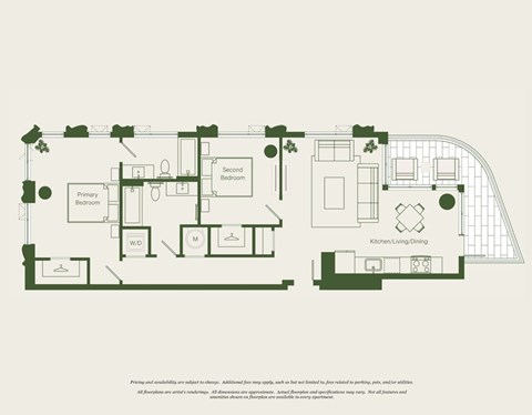 Floor plan for 2 beds, 2 baths, 1032 sqft