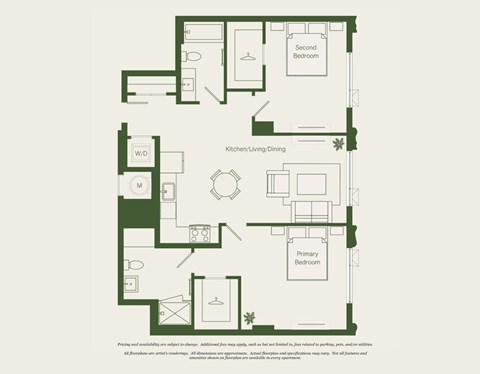 Floor plan for 2 beds, 2 baths, 1017 sqft
