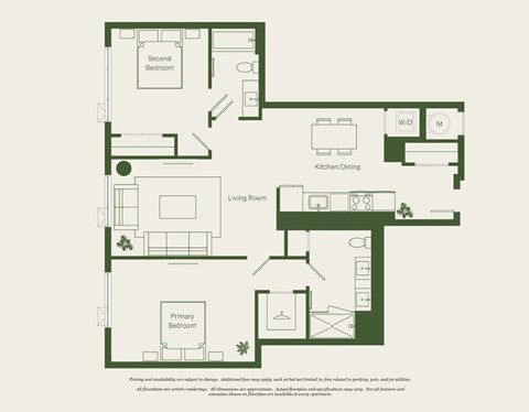 Floor plan for 2 beds, 2 baths, 1102 sqft