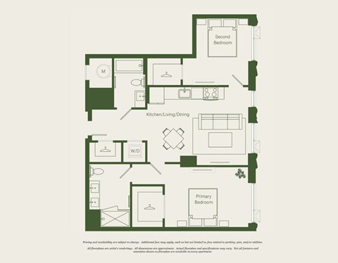 Floor plan for 2 beds, 2 baths, 912 sqft