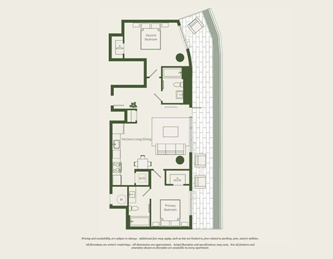 Floor plan for 2 beds, 2 baths, 932 sqft