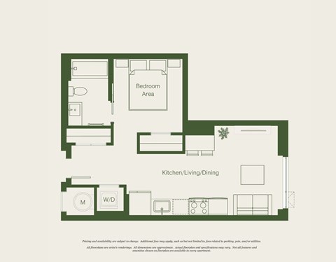 Floor plan for studio, 1 bath
