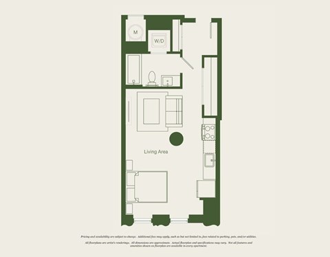 Floor plan for studio, 1 bath, 491 sqft