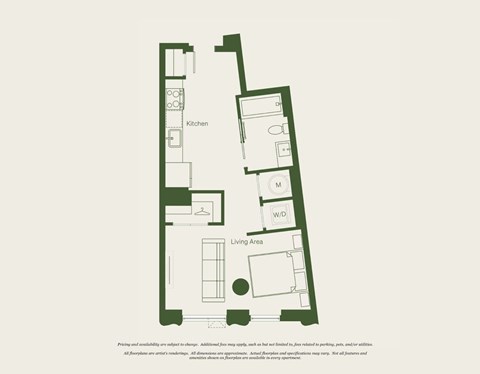 Floor plan for studio, 1 bath, 492 sqft