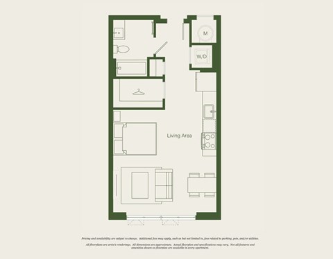 Floor plan for studio, 1 bath, 505 sqft