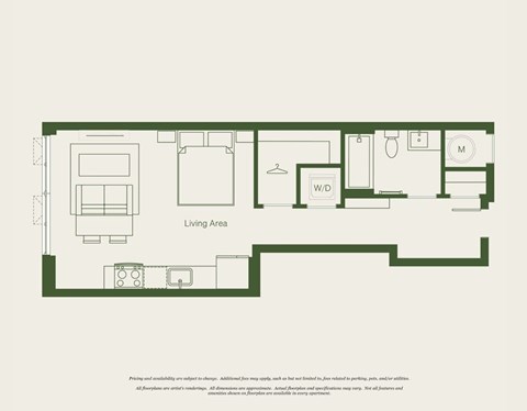 Floor plan for studio, 1 bath, 512 sqft