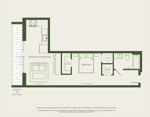 Floor plan for studio, 1 bath, 556 sqft
