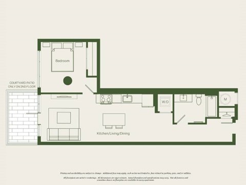 Floor plan for 1 bed, 1 bath, 670 sqft