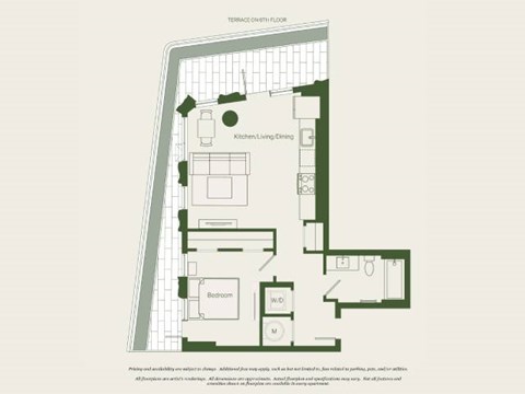Floor plan for 1 bed, 1 bath, 622 sqft