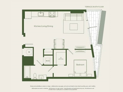 Floor plan for 1 bed, 1 bath, 690 sqft