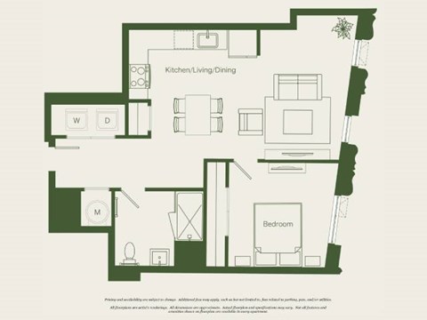 Floor plan for 1 bed, 1 bath, 742 sqft