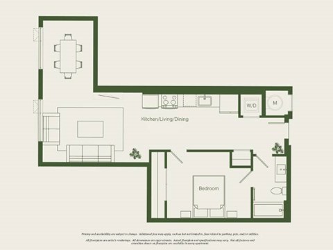 Floor plan for 1 bed, 1 bath, 749 sqft