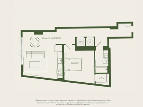Floor plan for 1 bed, 1 bath, 781 sqft