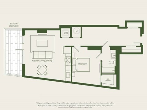 Floor plan for 1 bed, 1 bath, 843 sqft