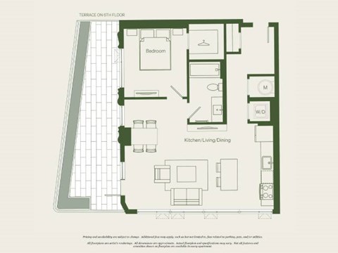 Floor plan for 1 bed, 1 bath, 764 sqft