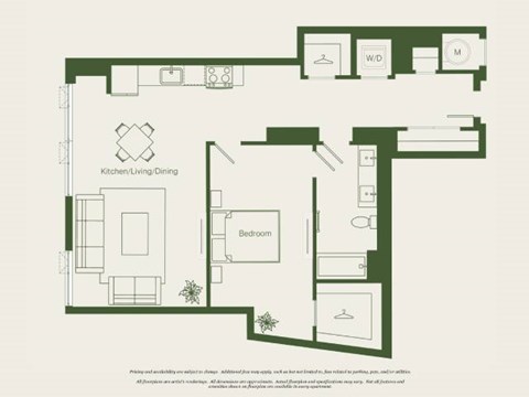 Floor plan for 1 bed, 1 bath, 897 sqft