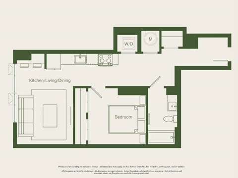 Floor plan for 1 bed, 1 bath, 601 sqft