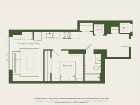 Floor plan for 1 bed, 1 bath, 622 sqft