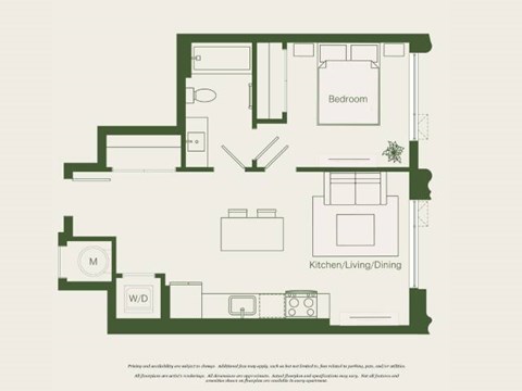 Floor plan for 1 bed, 1 bath, 577 sqft