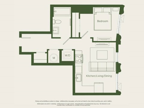 Floor plan for 1 bed, 1 bath, 509 sqft