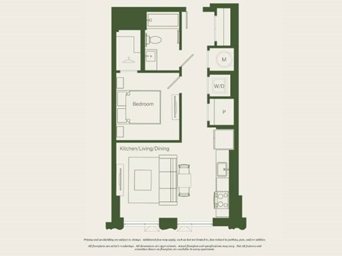 Floor plan for 1 bed, 1 bath, 579 sqft