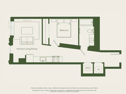 Floor plan for 1 bed, 1 bath, 570 sqft