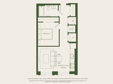 Floor plan for 1 bed, 1 bath, 591 sqft