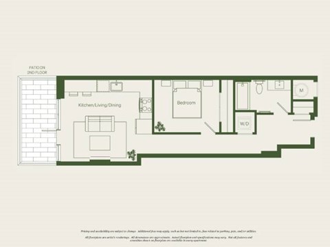 Floor plan for 1 bed, 1 bath, 611 sqft