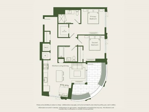 Floor plan for 2 beds, 2 baths, 955 sqft