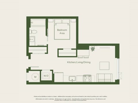 Floor plan for studio, 1 bath, 489 sqft