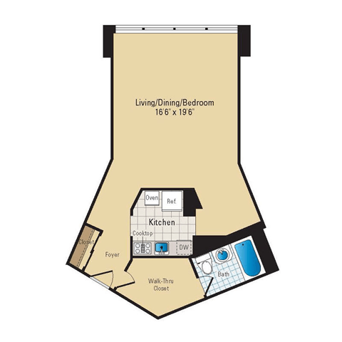 Floor plan for studio, 1 bath, 605 sqft