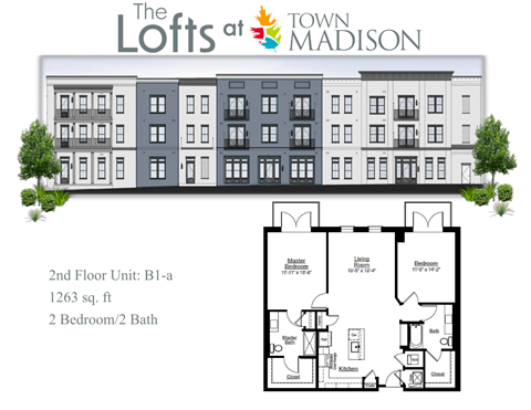 Floor plan for 2 beds, 2 baths, 1263 sqft