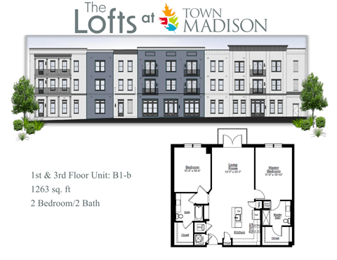 Floor plan for 2 beds, 2 baths, 1263 sqft