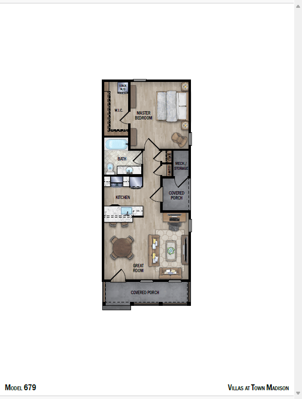 Floor plan for 1 bed, 1 bath, 679 sqft