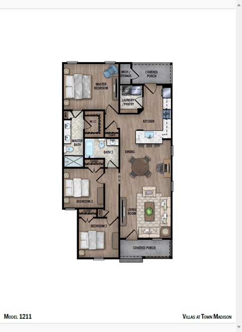 Floor plan for 3 beds, 2 baths, 1211 sqft