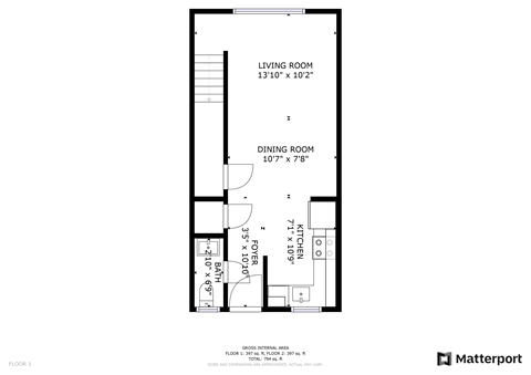 Floor plan for 2 beds, 1.5 baths, 850 sqft