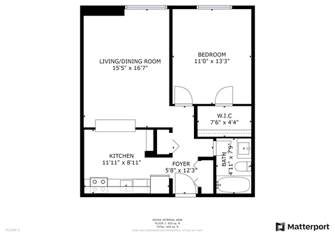 Floor plan for 1 bed, 1 bath, 600 sqft
