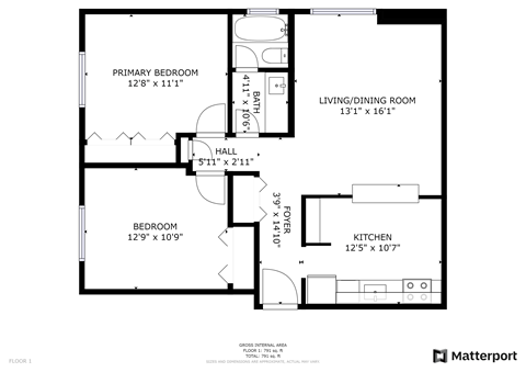 Floor plan for 2 beds, 1 bath, 815 sqft