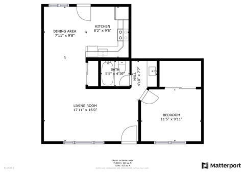 Floor plan for 1 bed, 1 bath, 550 sqft
