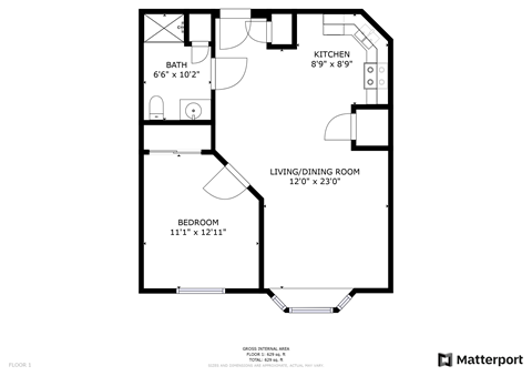 Floor plan for 1 bed, 1 bath, 625 sqft