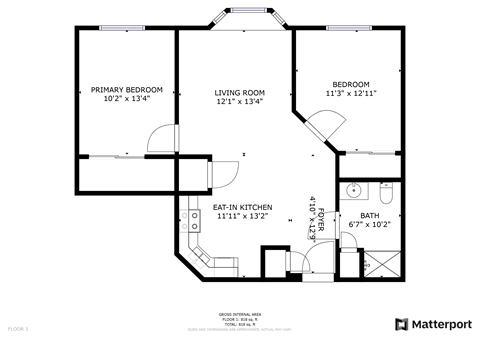Floor plan for 2 beds, 1 bath, 800 sqft