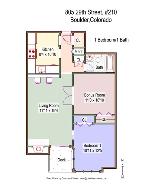 Floor plan for 2 beds, 1 bath, 661 sqft