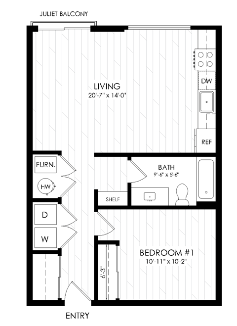 Floor plan for 1 bed, 1 bath, 684 sqft